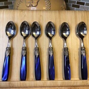 Inox Italy Stainless Steel 18/10 Flatware Set of 6 Navy/Pearl - MINT CONDITION